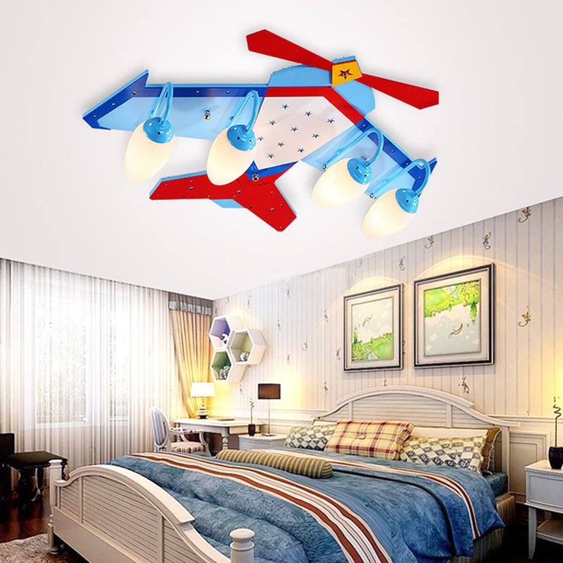 Lámpara de techo empotrada en color azul para niños con pantalla de cristal color crema ovalada, lámpara de techo empotrada en forma de plano de madera con acabado de madera