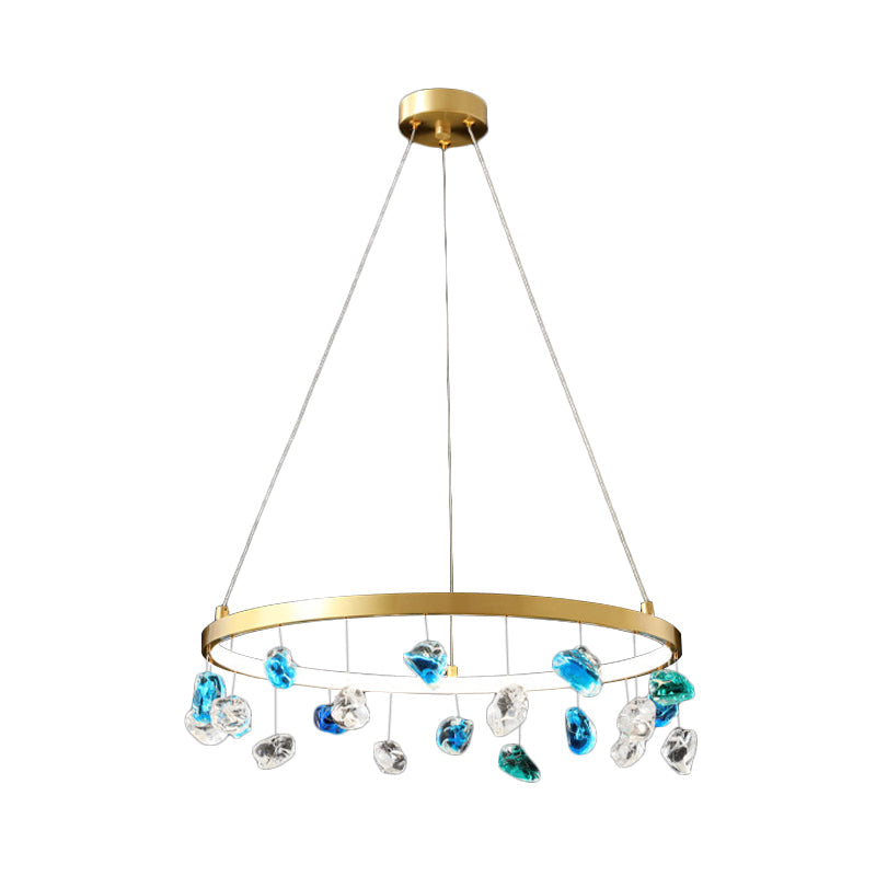 Gold LED Chandelier with Colored Gem Droplet - Mid Century Circle Pendant Lighting, 16