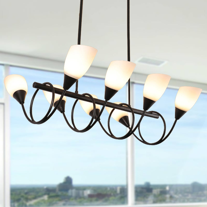 Vintage Black Cup Chandelier Light - 6/8/10 Lights, White Glass, LED Pendant Lamp with Linear Design
