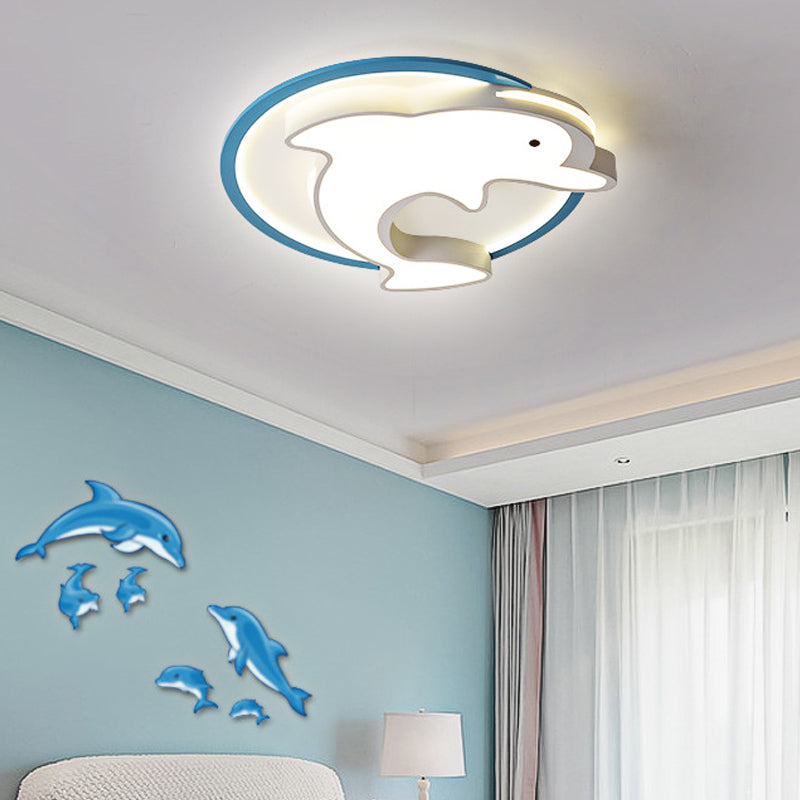 Kids LED Blue Dolphin Ceiling Light Fixture with Warm/White Light, Acrylic Shade, Flush Mount, 18