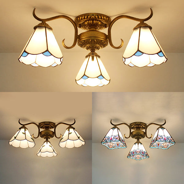 Stained Glass Vintage Ceiling Light - 3-Light Semi Flushmount in Beige/Yellow/Purple/Clear/Blue-Pink/Blue-White/Green-White - Perfect for Bedroom
