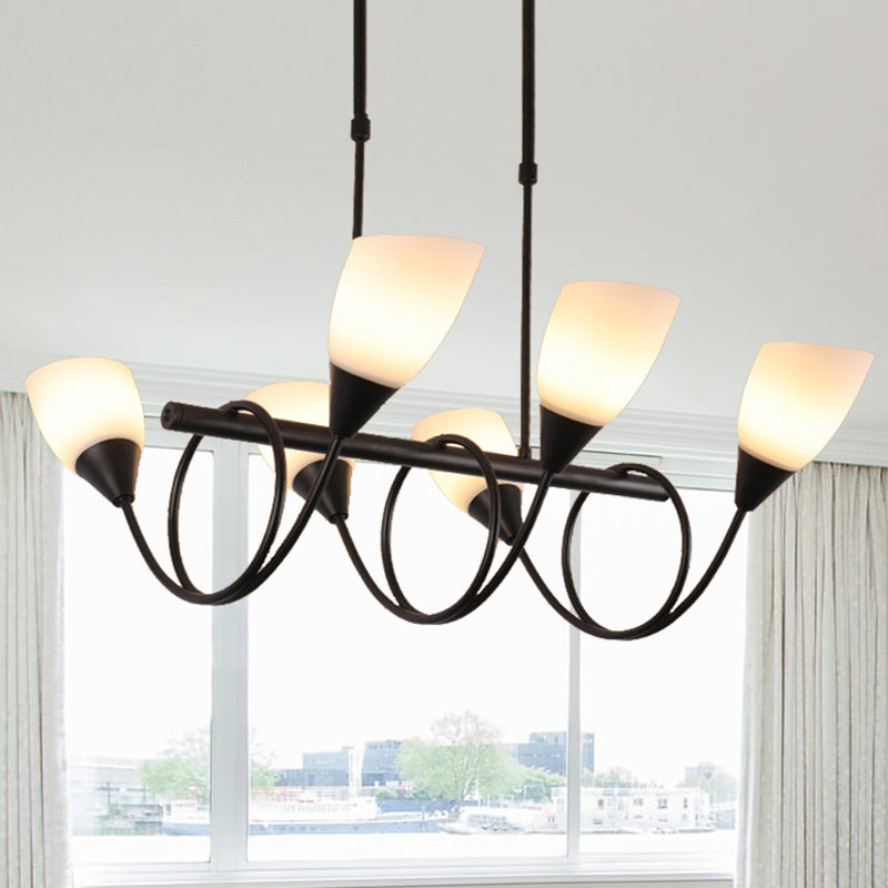 Vintage Black Cup Chandelier Light - 6/8/10 Lights, White Glass, LED Pendant Lamp with Linear Design