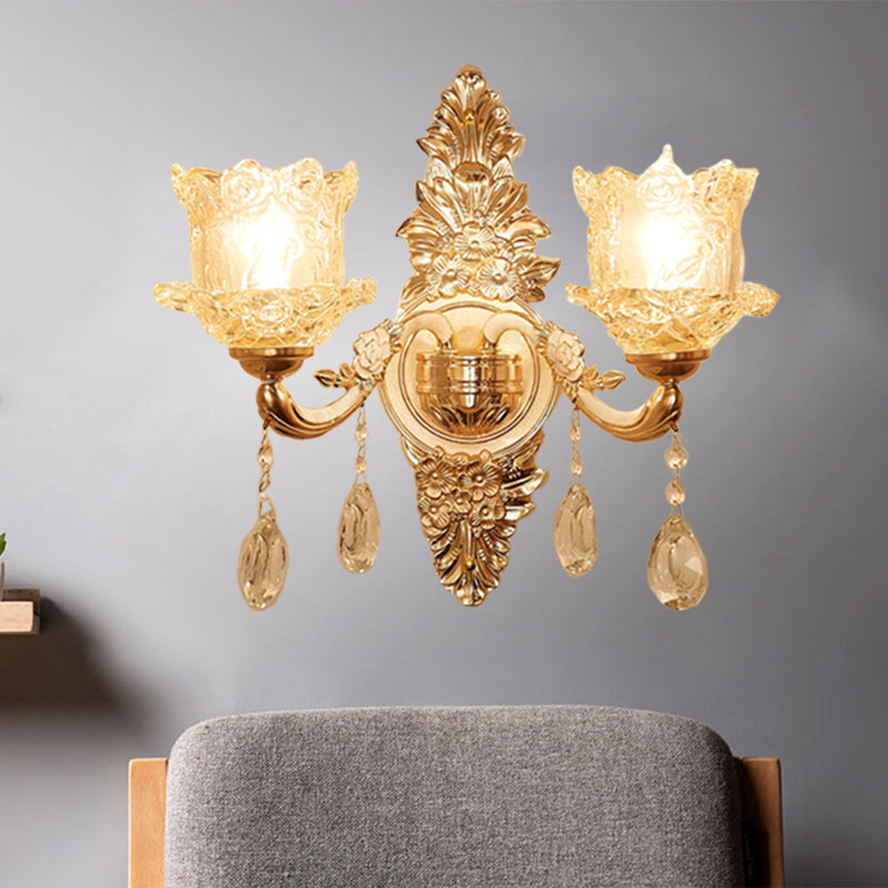 Illuminazione per applique ad angolo con fiore in cristallo trasparente di metà secolo - Lampada da parete dorata