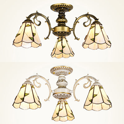 Vintage Lodge Stained Glass Semi Flush Ceiling Light in White/Antique Brass with Conical Design - 3/5 Heads for Foyer