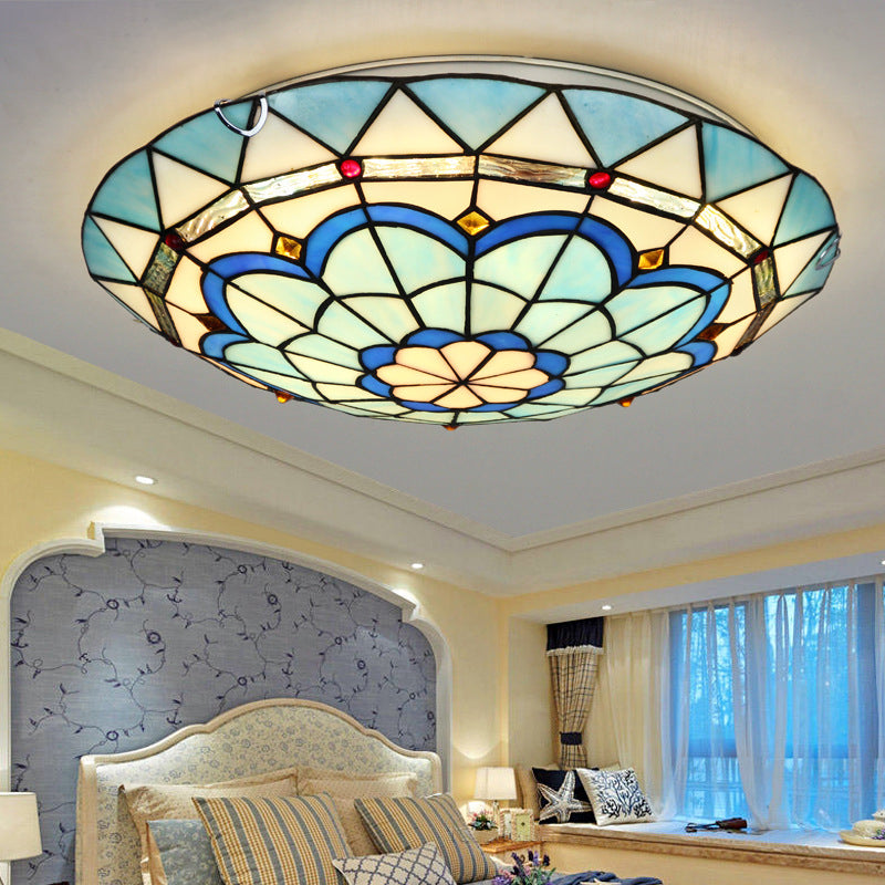 Vintage Stained Glass Flush Mount Ceiling Light in Blue - 12