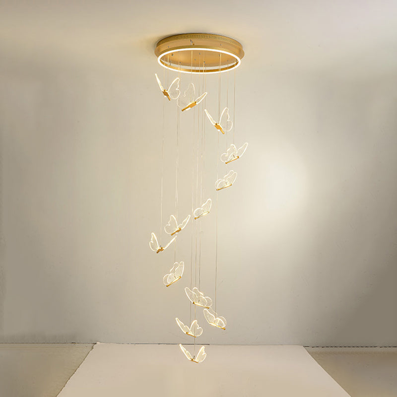 Schmetterlings-Wendeltreppen-Deckenbeleuchtung, Acryl, moderne LED-Mehrlicht-Pendelleuchte in Gold