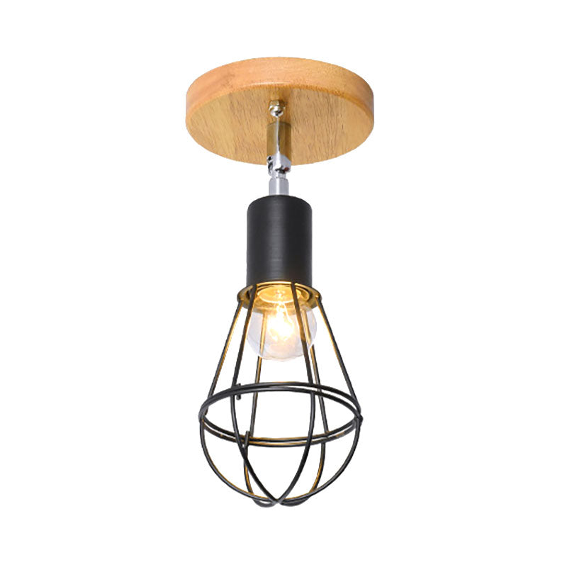 Industrial Loft Ceiling Fixture with Wire Cage and Rotatable Bulb - Black Metallic Semi-Flush Mount for 4