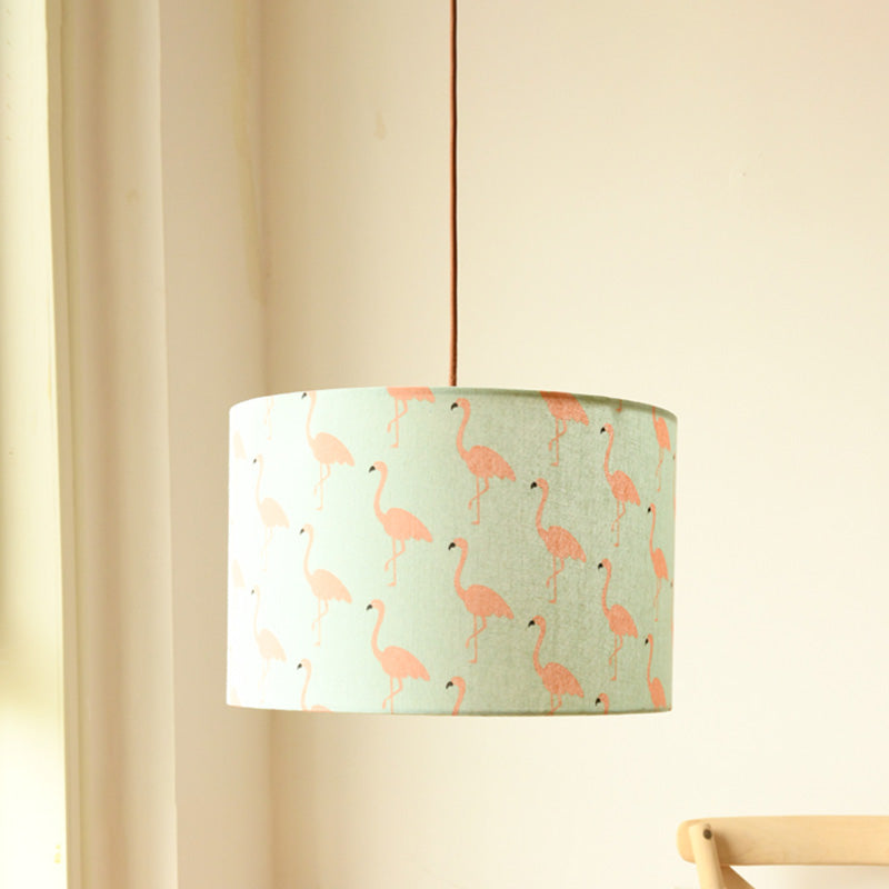 Luminaire suspendu tambour en tissu imprimé nordique – 1 lumière, éclairage à suspension blanc avec motif plume/oiseau/arbre