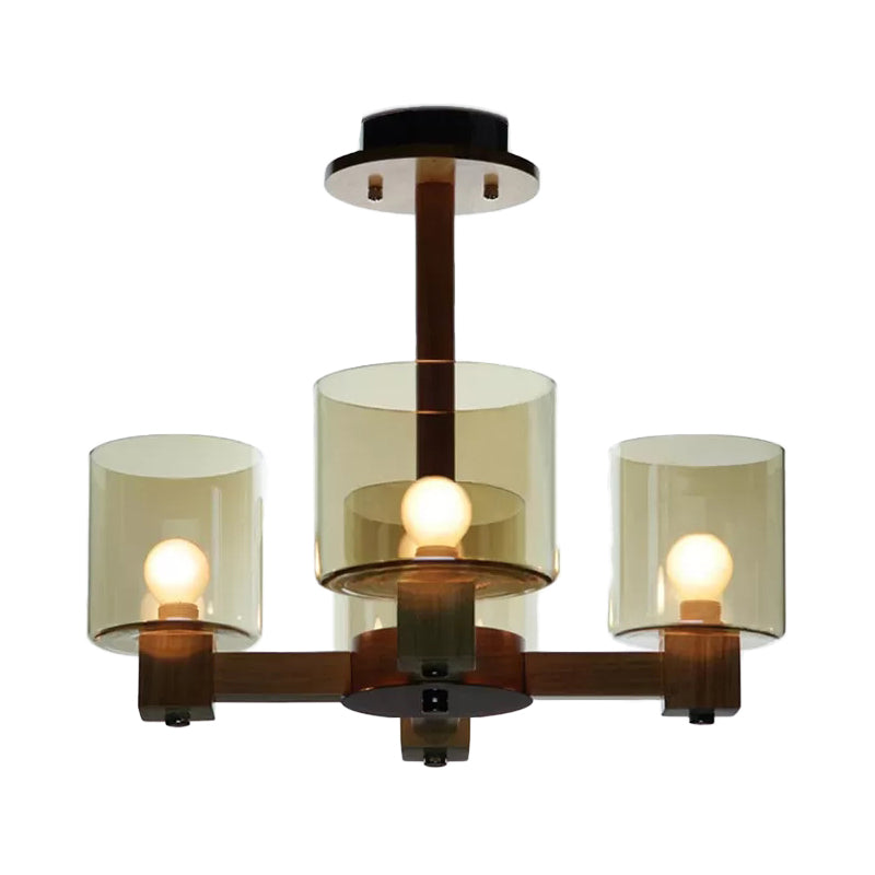 Industrial Wood Cylinder Chandelier with Radial Design - 4/6/8 Lights, Amber Glass Hanging Pendant Lamp