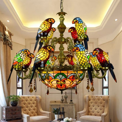 Lampa wisząca Parrot z 12 ramionami, rustykalny żyrandol witrażowy z misą środkową w kolorze żółtym