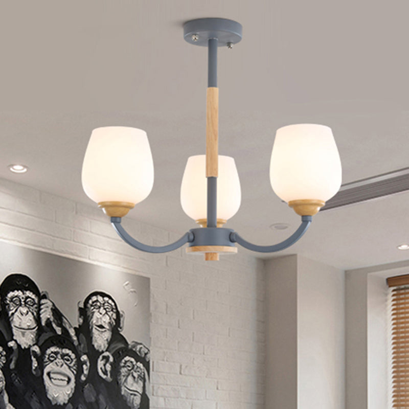 Macaron Loft Bud Shade Chandelier Light - Milk Glass Pendant for Child Bedroom in Green/Grey/Pink/White