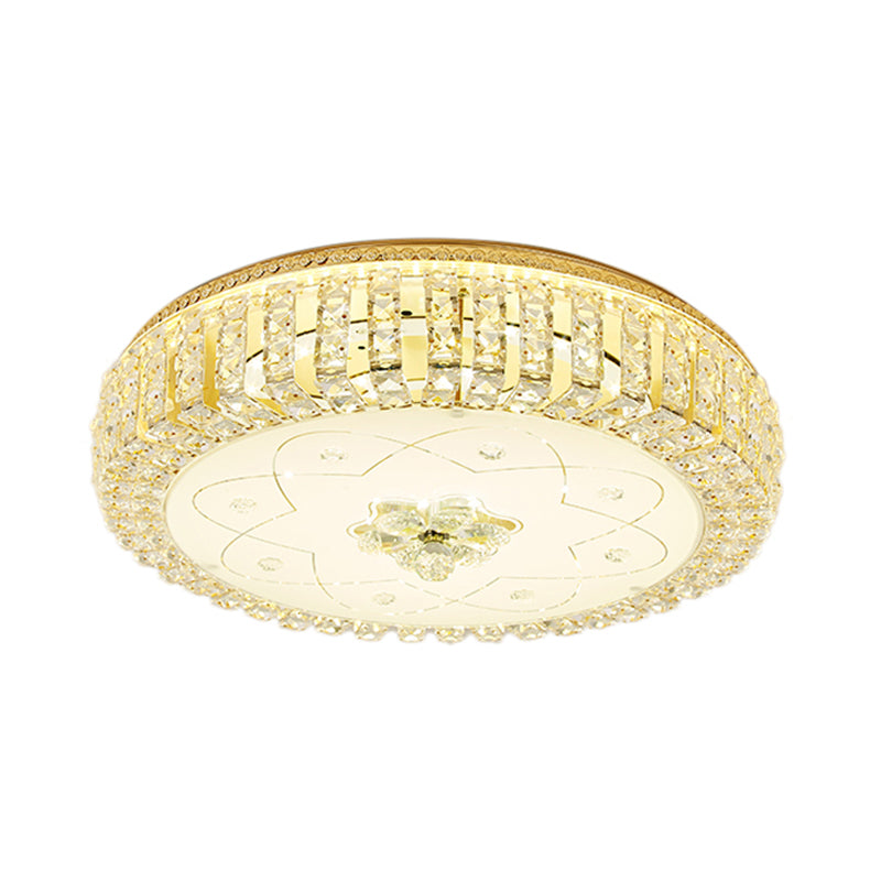 Golden Drum Flushmount Lighting: Modern Crystal and Glass Multi Light Ceiling Lamp (16