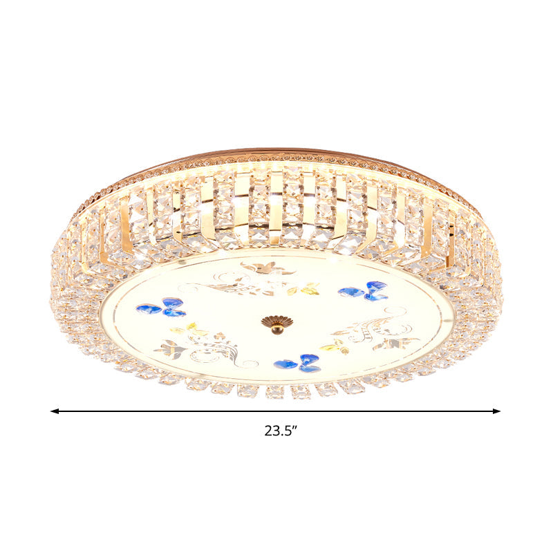 Golden Drum Flushmount Lighting: Modern Crystal and Glass Multi Light Ceiling Lamp (16
