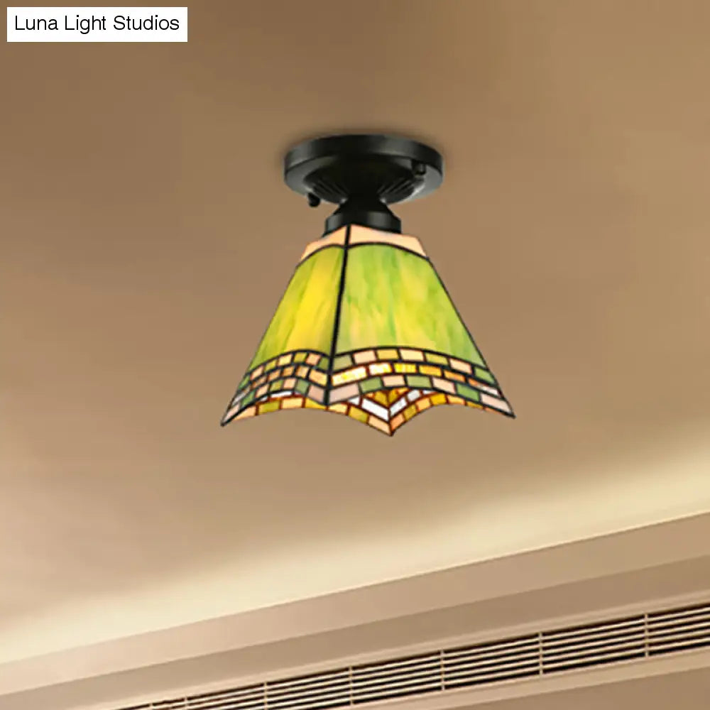 Plafonnier en verre d'art de style Tiffany - Luminaire encastré vert à 1 lumière pour bureaux et couloirs