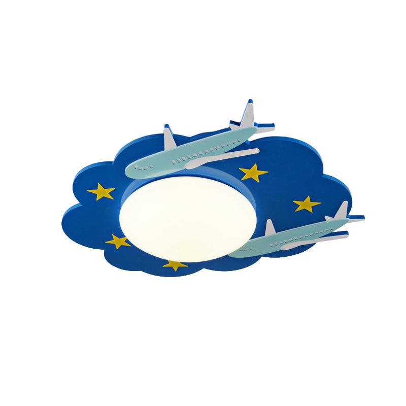 Wooden Blue Kids Spaceship Ceiling Lamp for Kindergarten
