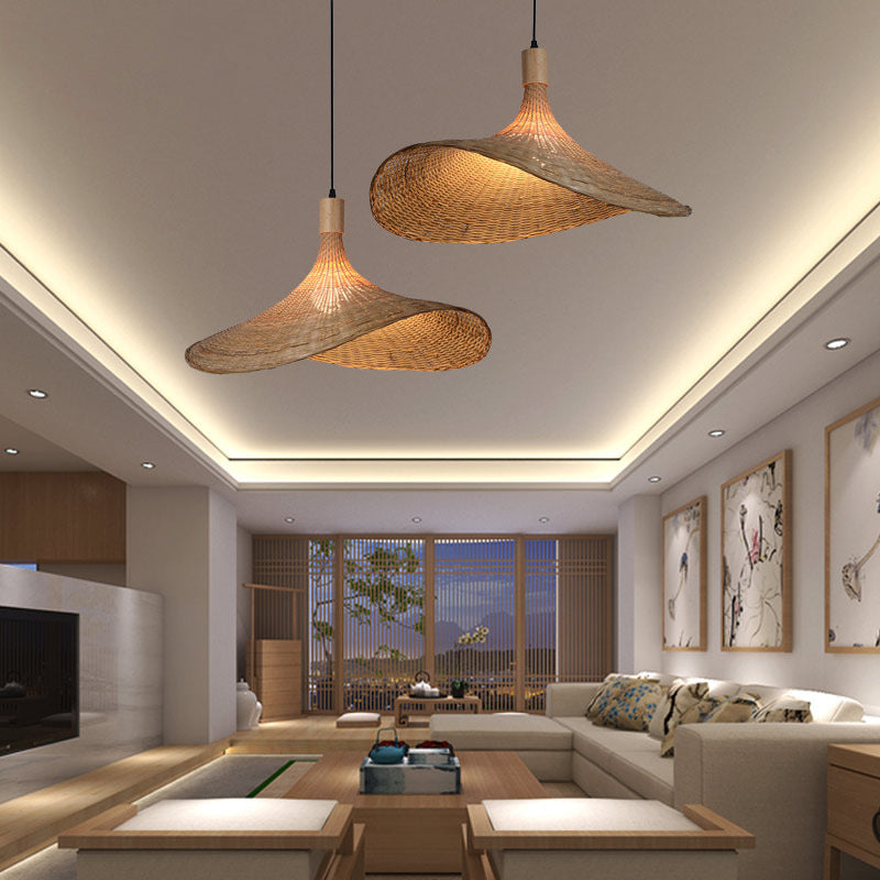 Kit lampada a sospensione a forma di cappello di paglia beige Lampada a sospensione da soffitto in rattan asiatico a 1 luce per tavolo da pranzo