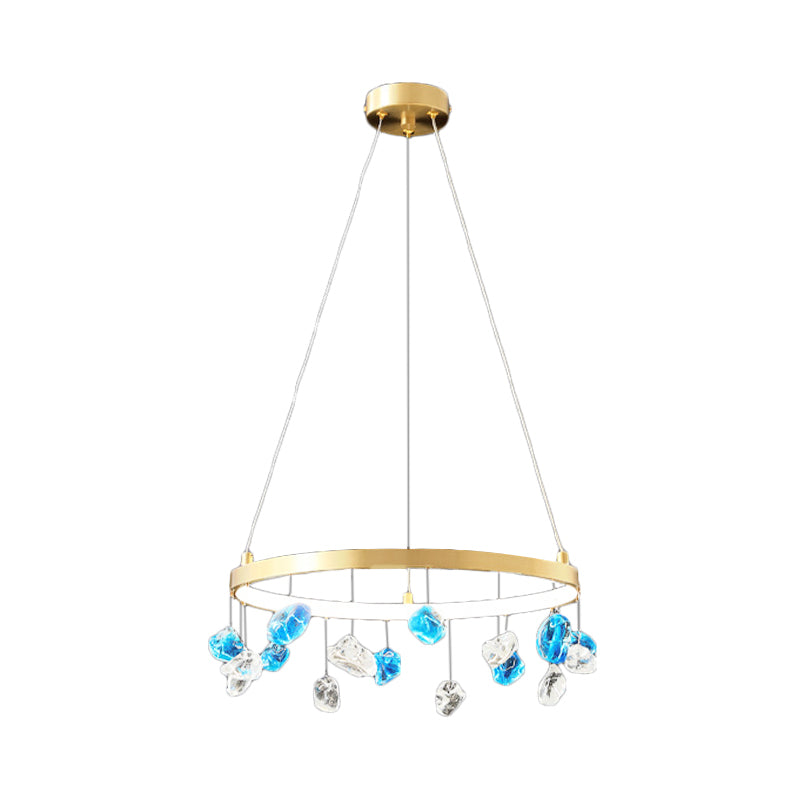 Gold LED Chandelier with Colored Gem Droplet - Mid Century Circle Pendant Lighting, 16