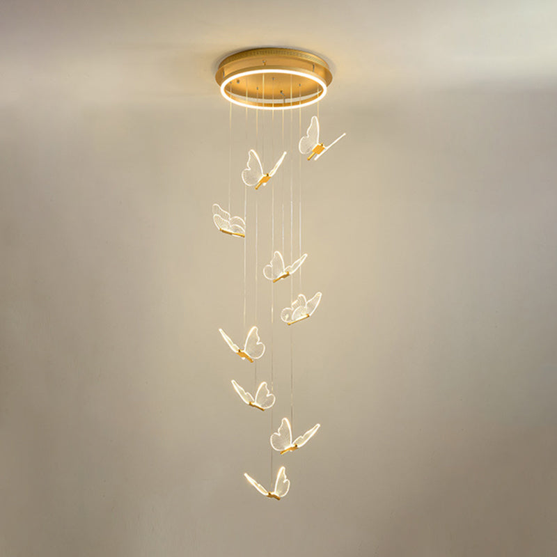 Schmetterlings-Wendeltreppen-Deckenbeleuchtung, Acryl, moderne LED-Mehrlicht-Pendelleuchte in Gold