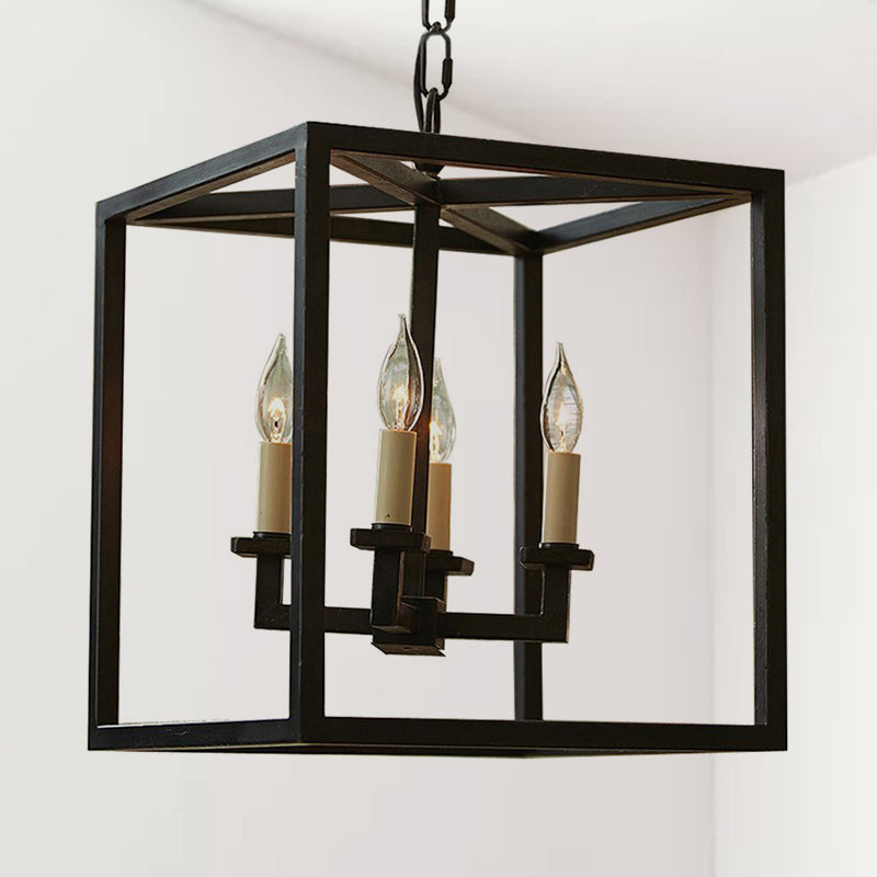 Vintage 4-Light Cubic Chandelier with Cage Shade - Small Black Metal Hanging Lamp for Bathroom Lighting
