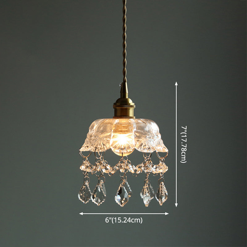 Lampa wisząca z przezroczystego szkła w kształcie kwiatu w stylu vintage z kryształkami w kształcie łezki