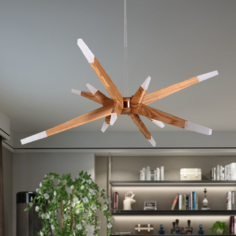 Zeitgenössische Sputnik-Kronleuchter-Pendelleuchte, 12 Lichter, Acryl-LED-Hängedeckenleuchte mit Holzschirm