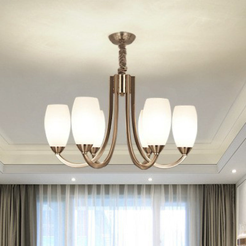 Simplicity Nickel Finish Swoop Arm Chandelier with Oval White Glass Shade: Elegant Metal Pendant Light for Bedrooms