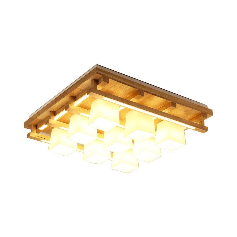 Modernist Wood Square Flush Mount Lighting with 1/4/9 Brown LED Lights and White Glass Cubic Shade in White/Warm Light