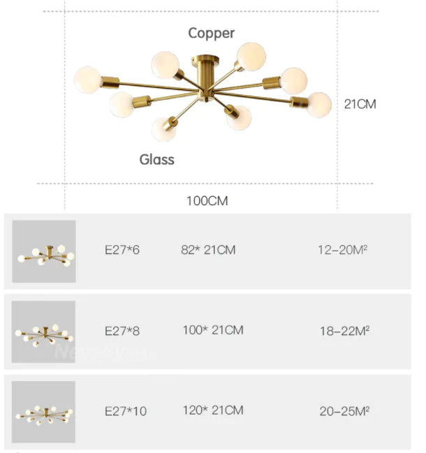 Plafonnier en cuivre moderne salle à manger en laiton plafonnier salon luminaires LED Lustres de cuisine lumières éclairage de plafond nordique chambre à coucher