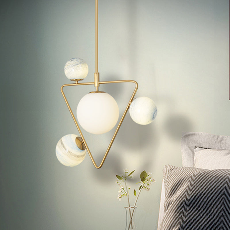 Mid Century Gold Pendant Chandelier with Triangle Iron Frame and Orb Colored Glass Shade