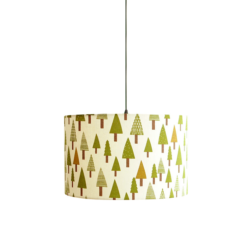 Luminaire suspendu tambour en tissu imprimé nordique – 1 lumière, éclairage à suspension blanc avec motif plume/oiseau/arbre