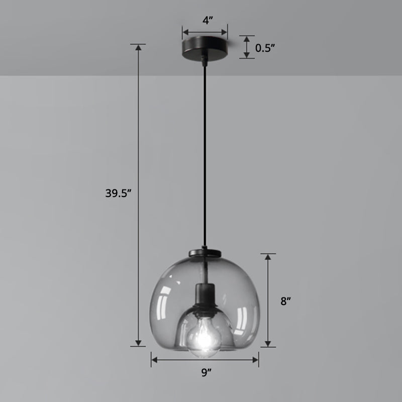 Hängelampe mit mundgeblasener Glaskuppel, minimalistische 1-flammige schwarze Hängeleuchte über dem Tisch