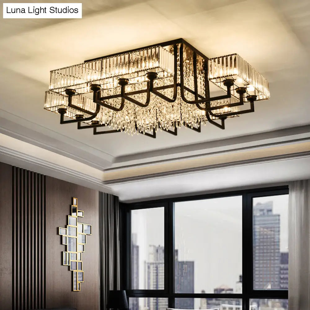 Lámpara de techo semiempotrada negra con cristal prismático para sala de estar - Lámpara de techo rectangular contemporánea