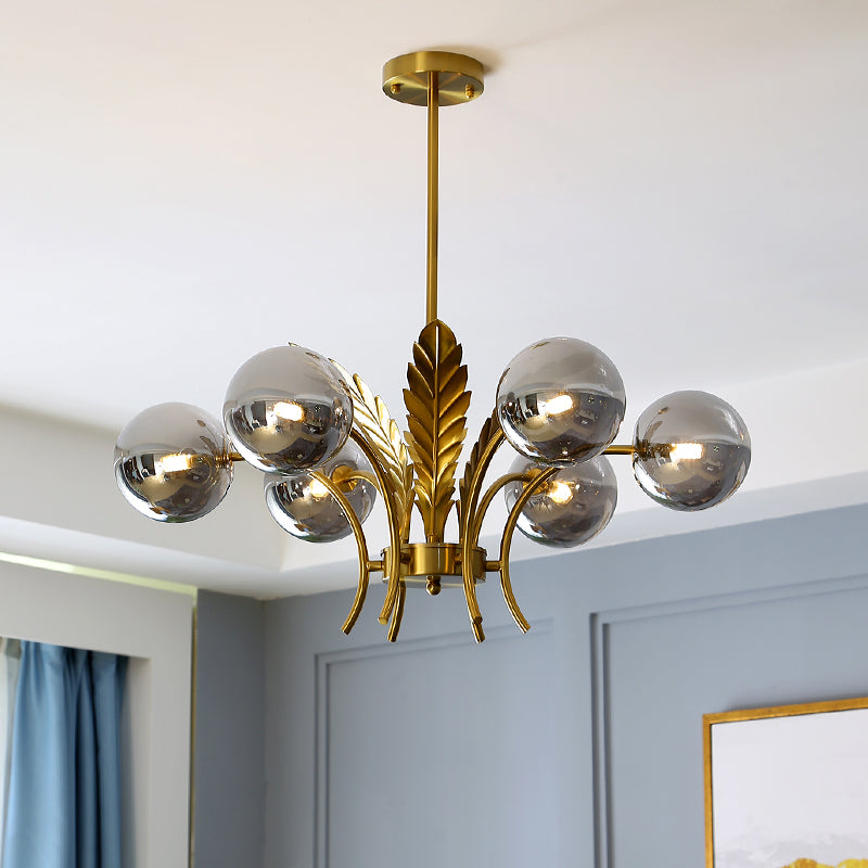 Lampadario a sfera a soffitto Simplicity in vetro bianco/rosa/cognac a 6 luci per soggiorno, lampadario a sospensione a LED con decorazioni a foglie