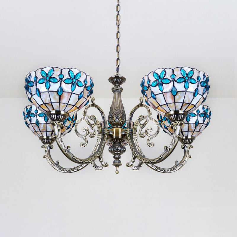 Floral Stained Glass Inverted Chandelier with Chain in Red/Blue for Vintage Bedroom Decor