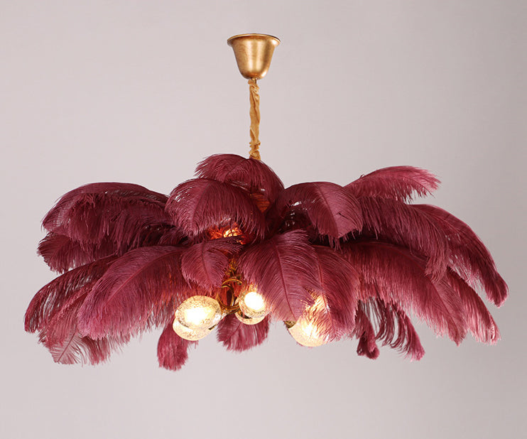 Lampadario da soffitto moderno nordico a 5 luci con piume di struzzo per camera da letto