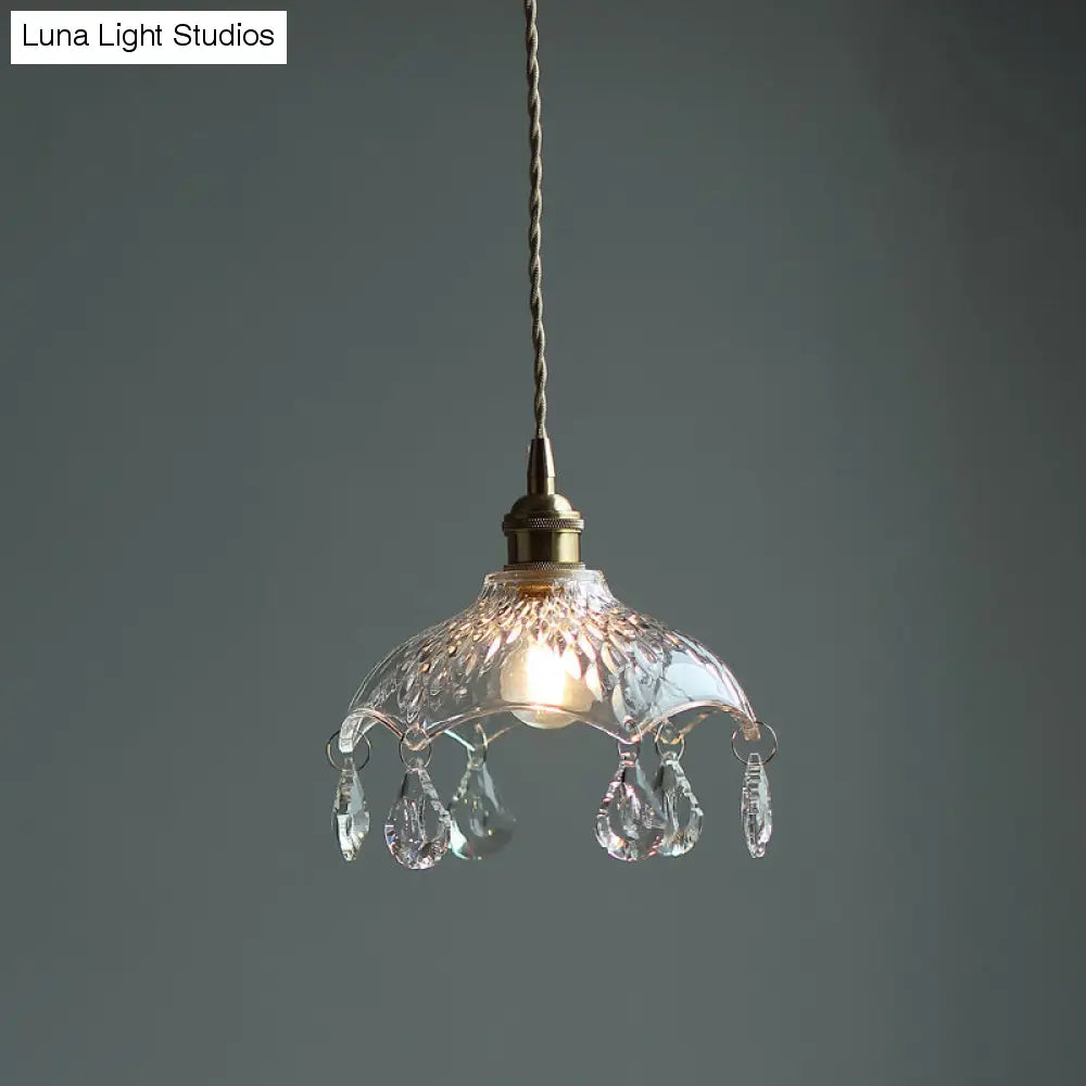 Lampa wisząca z przezroczystego szkła w kształcie kwiatu w stylu vintage z kryształkami w kształcie łezki