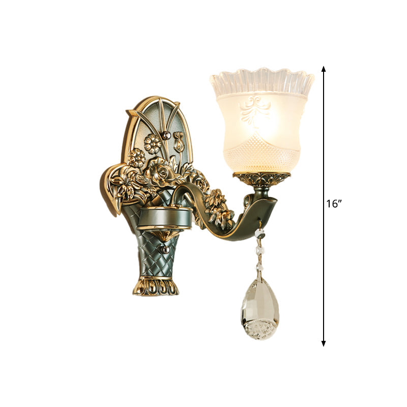 Grüne Mid-Century-Wandleuchte mit einer Glühbirne – Blumenschirm, klares Gitterglas – Nachttisch-Wandlampenbefestigung