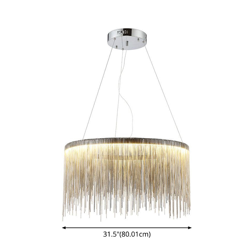Lampada a sospensione con catena in nappa argento Lampadario da soffitto modernista in metallo di forma rotonda