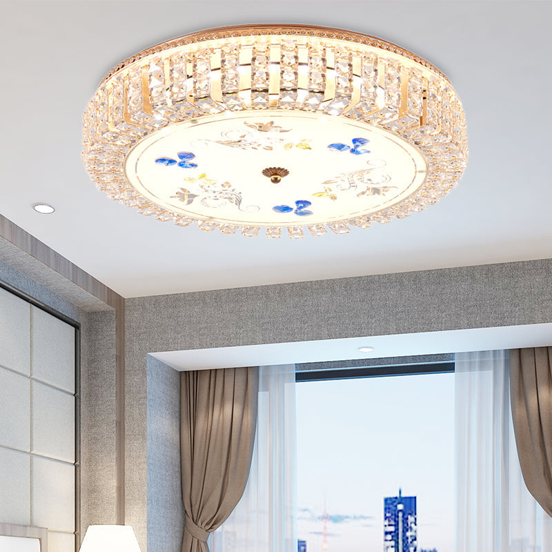 Golden Drum Flushmount Lighting: Modern Crystal and Glass Multi Light Ceiling Lamp (16