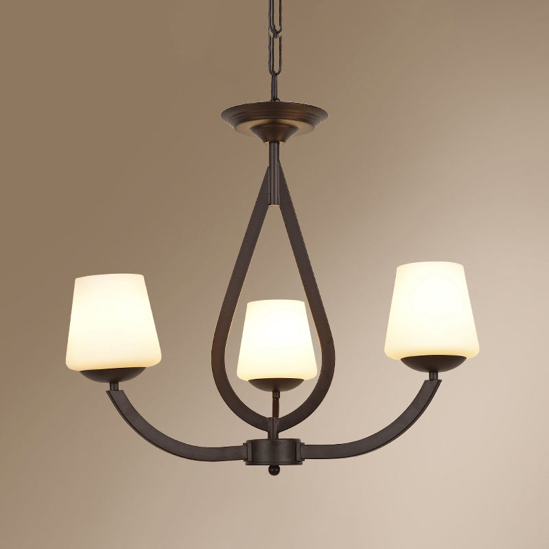 Vintage Pendant Light with Milk Glass Shade - Metal Black Finish Chandelier Swoop Arm