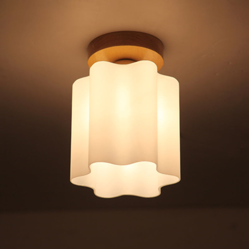 Minimalizm 1-żarówkowa drewniana lampa sufitowa do montażu podtynkowego na korytarz - mleczno-szklana pryzmatyczna lampa sufitowa z motywem kwiatowym