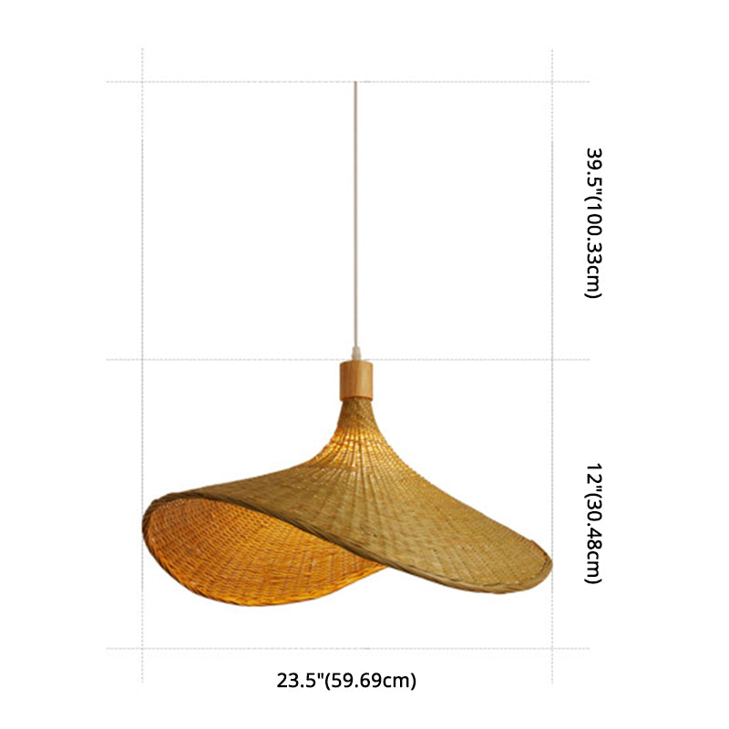 Kit lampada a sospensione a forma di cappello di paglia beige Lampada a sospensione da soffitto in rattan asiatico a 1 luce per tavolo da pranzo
