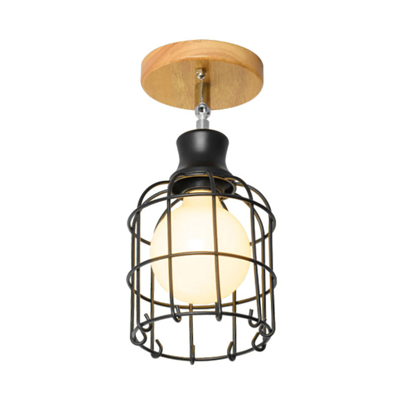 Industrial Loft Ceiling Fixture with Wire Cage and Rotatable Bulb - Black Metallic Semi-Flush Mount for 4