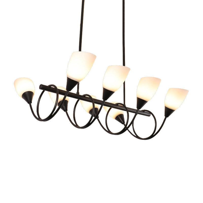 Vintage Black Cup Chandelier Light - 6/8/10 Lights, White Glass, LED Pendant Lamp with Linear Design