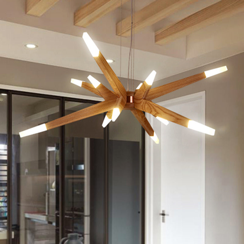 Lámpara colgante de araña Sputnik contemporánea, 12 luces, lámpara de techo colgante LED acrílica con pantalla de madera