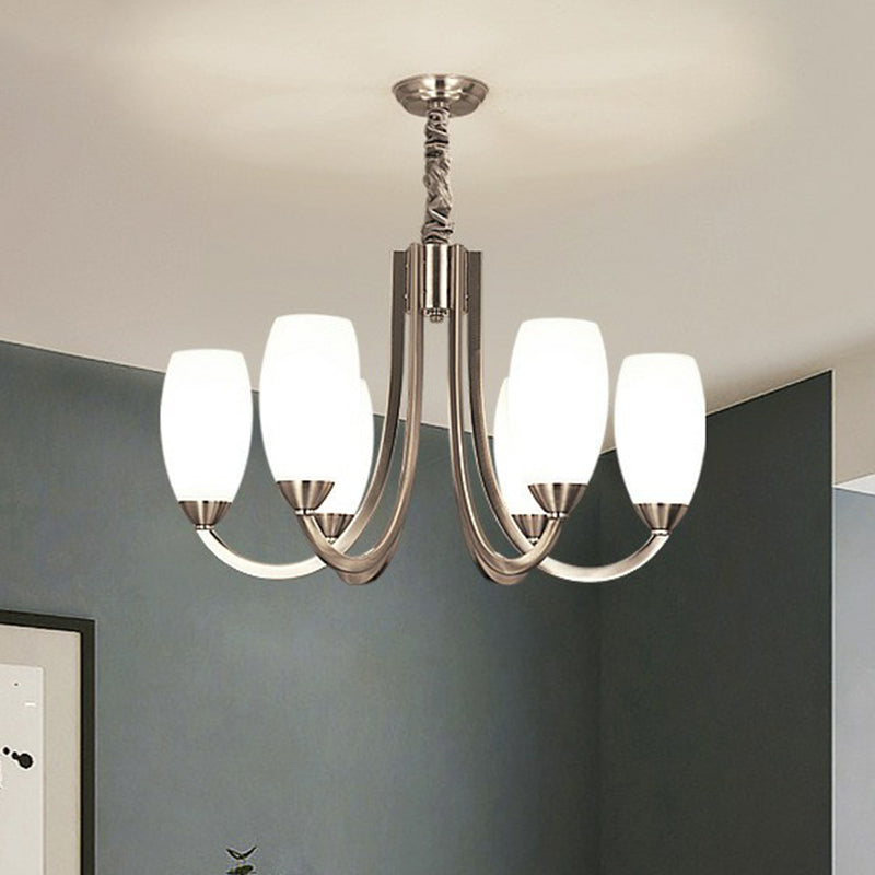 Simplicity Nickel Finish Swoop Arm Chandelier with Oval White Glass Shade: Elegant Metal Pendant Light for Bedrooms