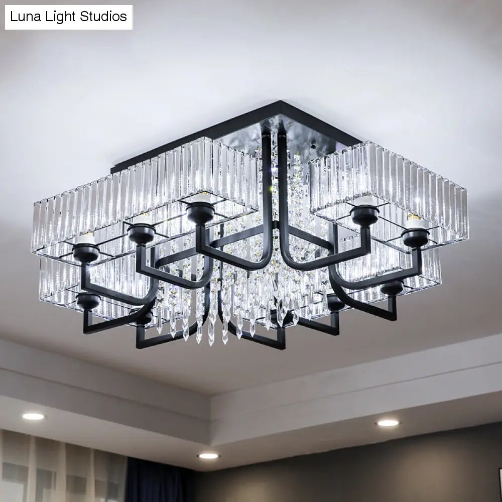 Lámpara de techo semiempotrada negra con cristal prismático para sala de estar - Lámpara de techo rectangular contemporánea