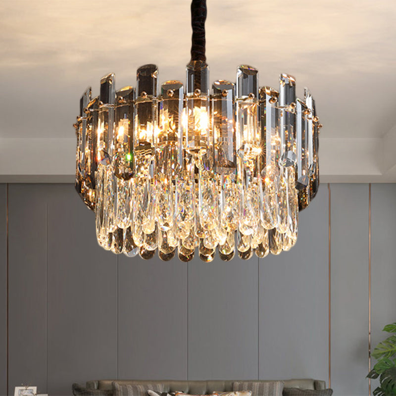 Moderne prismatische Trommel-Hängelampe aus Kristall mit 6 Glühbirnen – klarer Esszimmer-Kronleuchter