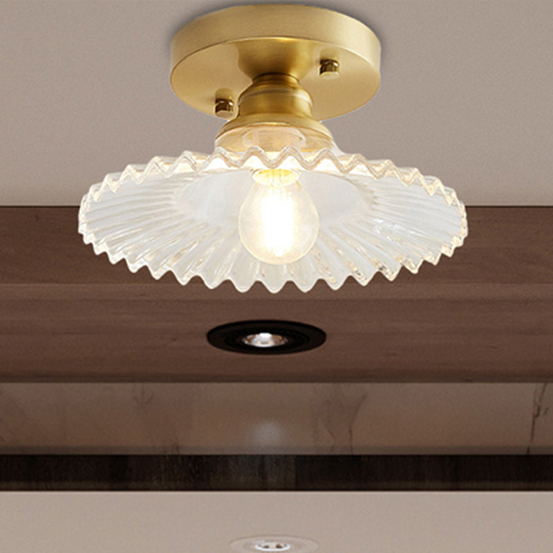 Support de plafond industriel semi-encastré : verre nervuré clair/vert évasé à 1 lumière pour le salon