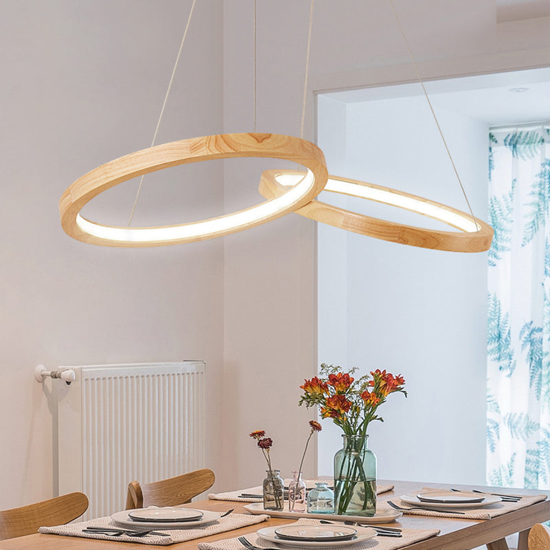 Lámpara colgante de madera con doble anillo para comedor, lámpara sencilla y moderna en color Beige